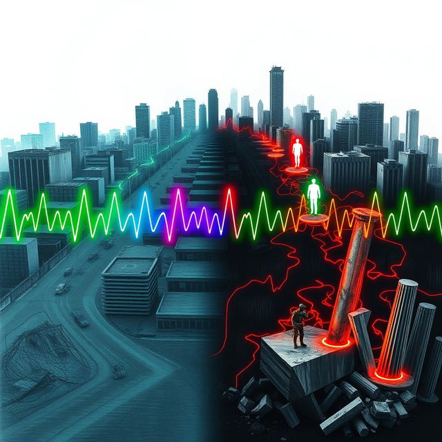 An abstract representation of a Palestinian city is depicted using electrocardiogram (ECG) pulses to illustrate the contrasting dynamics of the urban environment