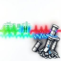 An abstract representation of a Palestinian city is depicted using electrocardiogram (ECG) pulses to illustrate the contrasting dynamics of the urban environment