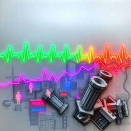An abstract representation of a Palestinian city is depicted using electrocardiogram (ECG) pulses to illustrate the contrasting dynamics of the urban environment