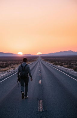 A solitary man walking along a deserted highway, surrounded by vast stretches of barren land