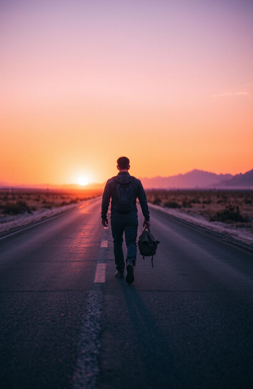 A solitary man walking along a deserted highway, surrounded by vast stretches of barren land