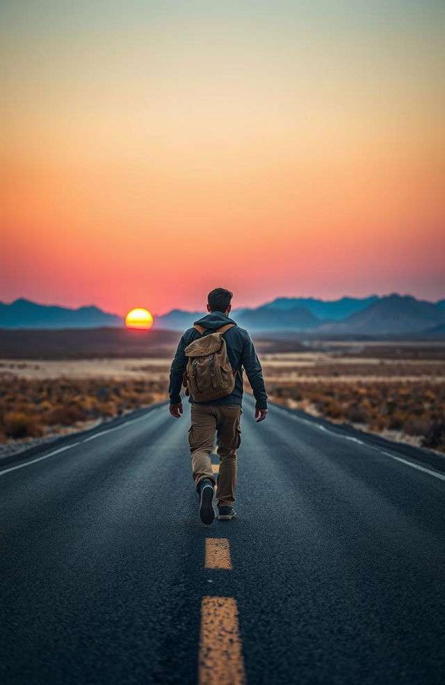 A solitary man walking along a deserted highway, surrounded by vast stretches of barren land