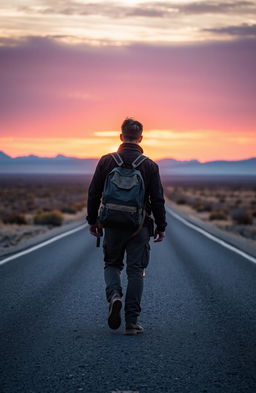 A solitary man walking along a deserted highway, surrounded by vast stretches of barren land