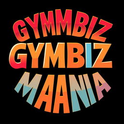 A retro-style logo for 'GYMBIZMANIA' inspired by the classic WWF WrestleMania design, featuring bold and vibrant letters reflecting the 1980s wrestling persona