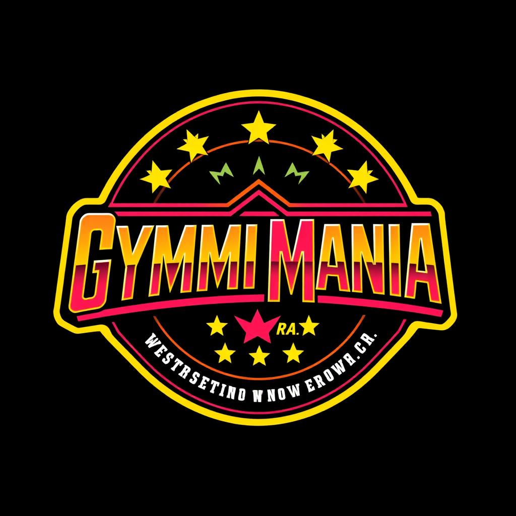 A retro-style logo for 'GYMBIZMANIA' inspired by the classic WWF WrestleMania design, featuring bold and vibrant letters reflecting the 1980s wrestling persona