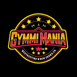 A retro-style logo for 'GYMBIZMANIA' inspired by the classic WWF WrestleMania design, featuring bold and vibrant letters reflecting the 1980s wrestling persona