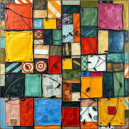 A vibrant painting showcases a Palestinian city segmented into intertwined but unconnected squares, each square symbolizing an isolated area resulting from poor urban planning