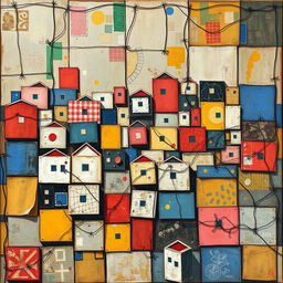 A vibrant painting showcases a Palestinian city segmented into intertwined but unconnected squares, each square symbolizing an isolated area resulting from poor urban planning