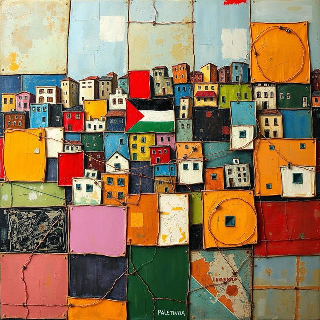 A vibrant painting showcases a Palestinian city segmented into intertwined but unconnected squares, each square symbolizing an isolated area resulting from poor urban planning