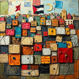 A vibrant painting showcases a Palestinian city segmented into intertwined but unconnected squares, each square symbolizing an isolated area resulting from poor urban planning