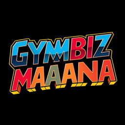 A retro-style logo for 'GYMBIZMANIA' inspired by the WWF WrestleMania aesthetic, featuring a bold and flamboyant font characteristic of 1980s wrestling graphics