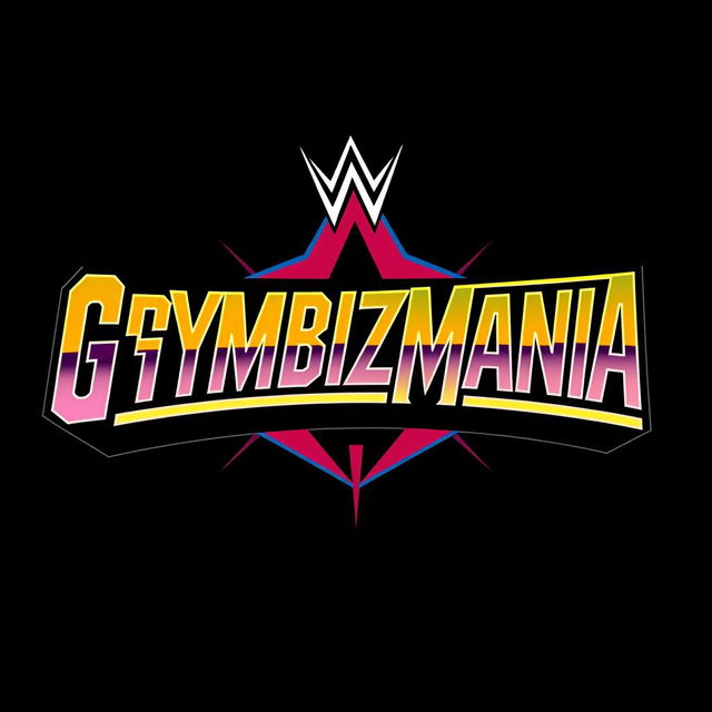 A retro-style logo for 'GYMBIZMANIA' inspired by the WWF WrestleMania aesthetic, featuring a bold and flamboyant font characteristic of 1980s wrestling graphics