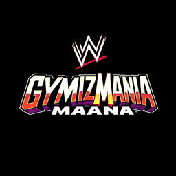 A retro-style logo for 'GYMBIZMANIA' inspired by the WWF WrestleMania aesthetic, featuring a bold and flamboyant font characteristic of 1980s wrestling graphics