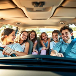 A happy family scene inside a car, with a father driving and his four daughters and two sons seated in the back
