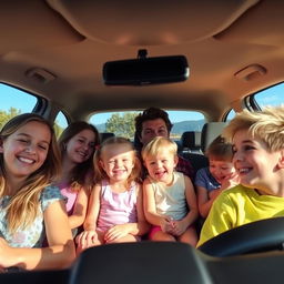A happy family scene inside a car, with a father driving and his four daughters and two sons seated in the back