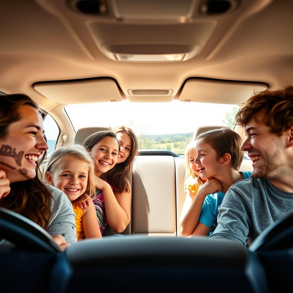 A happy family scene inside a car, with a father driving and his four daughters and two sons seated in the back