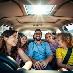 A happy family scene inside a car, with a father driving and his four daughters and two sons seated in the back
