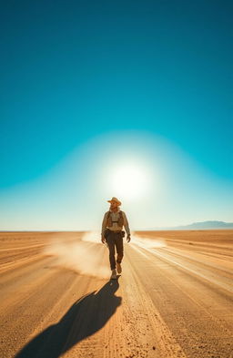 A lone man walking on a long, empty desert road under a vast, blue sky