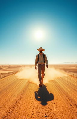 A lone man walking on a long, empty desert road under a vast, blue sky