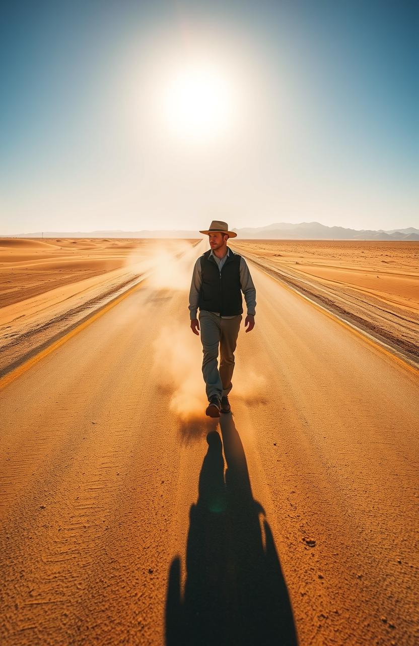A lone man walking on a long, empty desert road under a vast, blue sky
