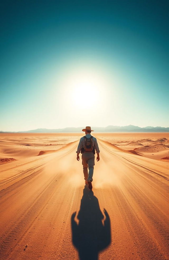 A lone man walking on a long, empty desert road under a vast, blue sky