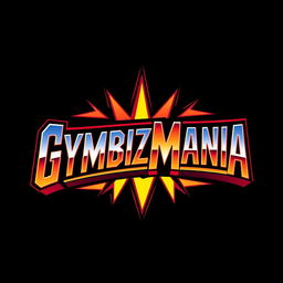 A retro logo for 'GYMBIZMANIA' designed in the iconic style of the WWF WrestleMania font, featuring bold and flamboyant lettering reminiscent of 1980s wrestling graphics