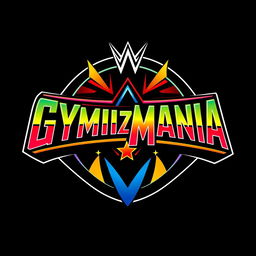 A retro logo for 'GYMBIZMANIA' designed in the iconic style of the WWF WrestleMania font, featuring bold and flamboyant lettering reminiscent of 1980s wrestling graphics