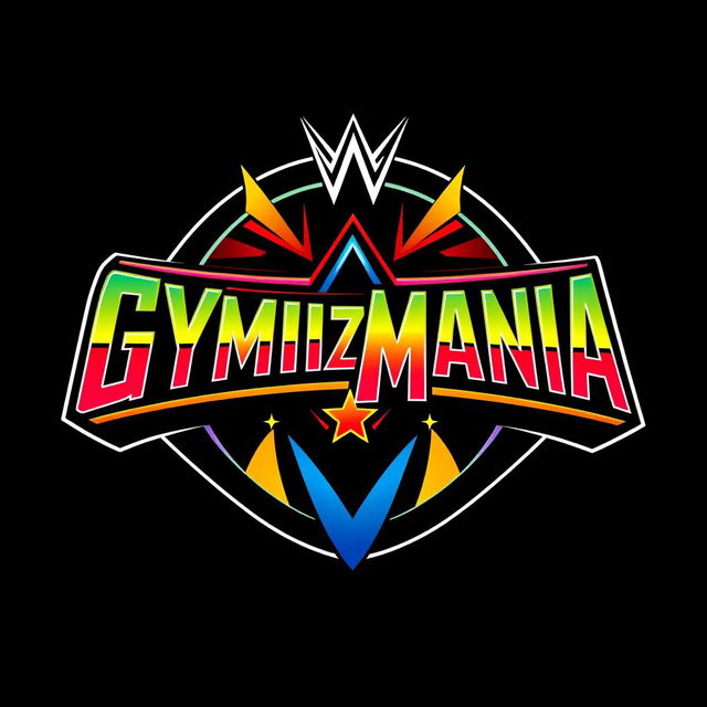 A retro logo for 'GYMBIZMANIA' designed in the iconic style of the WWF WrestleMania font, featuring bold and flamboyant lettering reminiscent of 1980s wrestling graphics