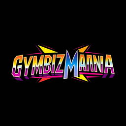 A retro logo for 'GYMBIZMANIA' designed in the iconic style of the WWF WrestleMania font, featuring bold and flamboyant lettering reminiscent of 1980s wrestling graphics