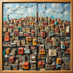 A captivating painting depicts a Palestinian city divided into a series of intertwined yet unconnected squares, each symbolizing an isolated area resulting from inadequate urban planning