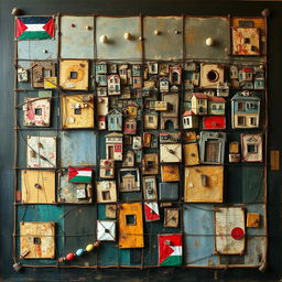 A captivating painting depicts a Palestinian city divided into a series of intertwined yet unconnected squares, each symbolizing an isolated area resulting from inadequate urban planning