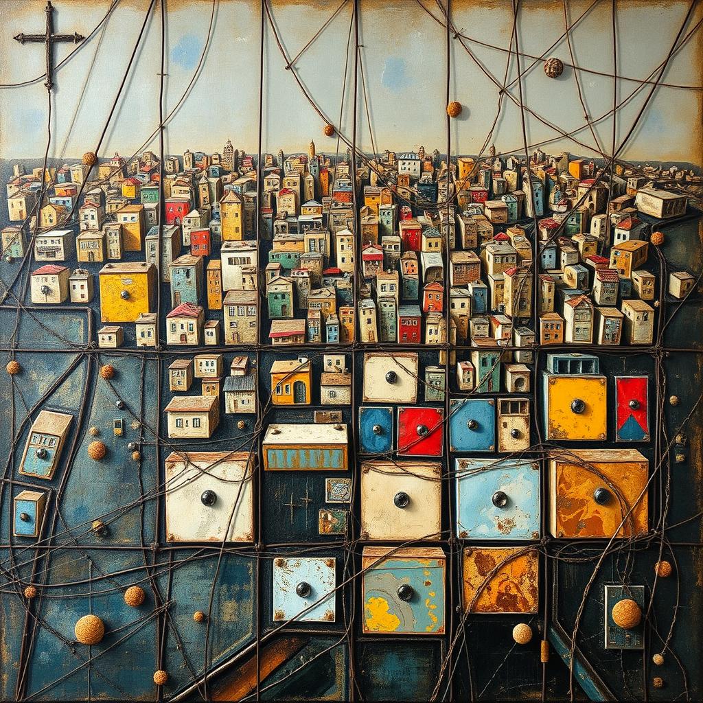 A captivating painting depicts a Palestinian city divided into a series of intertwined yet unconnected squares, each symbolizing an isolated area resulting from inadequate urban planning