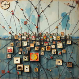 A captivating painting depicts a Palestinian city divided into a series of intertwined yet unconnected squares, each symbolizing an isolated area resulting from inadequate urban planning