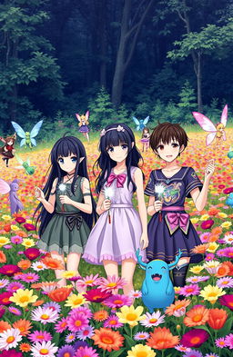 In a vibrant flower field filled with colorful blooms, three teenage girls encounter whimsical elves, fairies, and friendly monsters