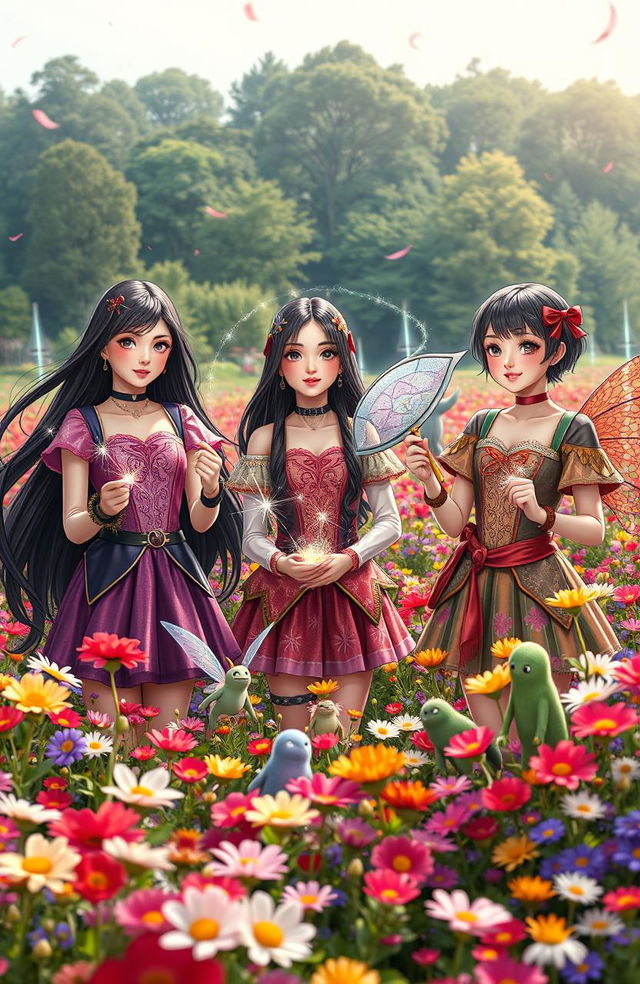 In a vibrant flower field filled with colorful blooms, three teenage girls encounter whimsical elves, fairies, and friendly monsters