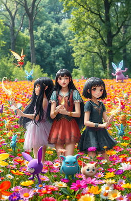 In a vibrant flower field filled with colorful blooms, three teenage girls encounter whimsical elves, fairies, and friendly monsters