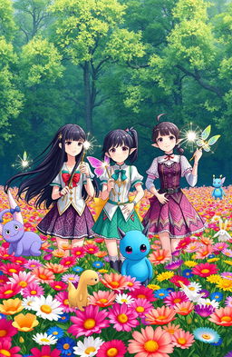 In a vibrant flower field filled with colorful blooms, three teenage girls encounter whimsical elves, fairies, and friendly monsters