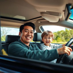 A cheerful scene capturing a father driving a car with his young son sitting in the passenger seat