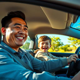 A cheerful scene capturing a father driving a car with his young son sitting in the passenger seat
