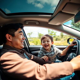 A cheerful scene capturing a father driving a car with his young son sitting in the passenger seat