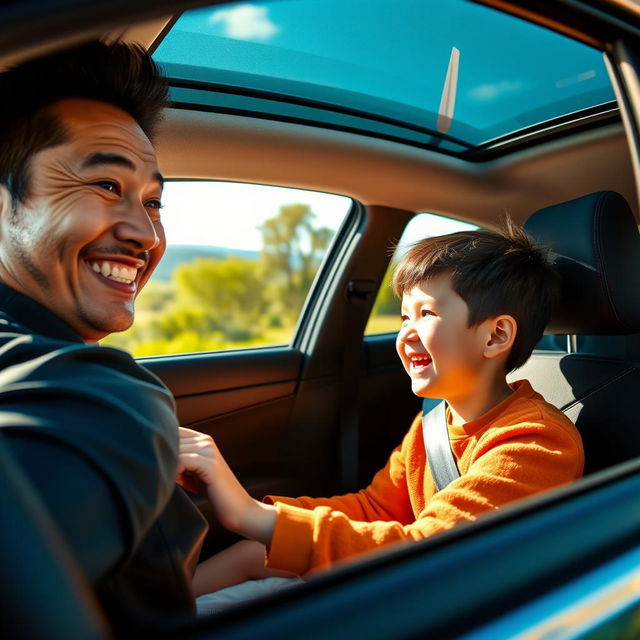 A cheerful scene capturing a father driving a car with his young son sitting in the passenger seat