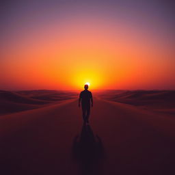 A striking silhouette of a man walking alone on a long, desolate desert road