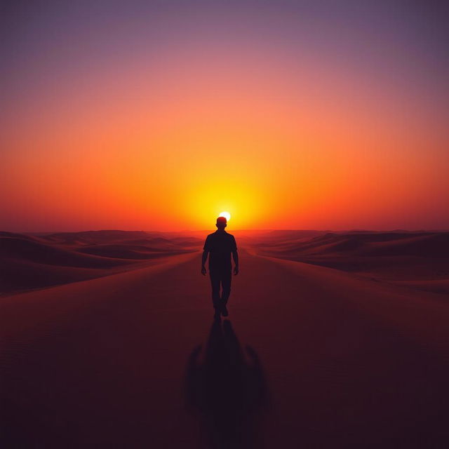 A striking silhouette of a man walking alone on a long, desolate desert road