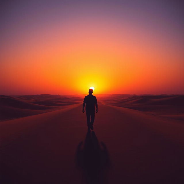 A striking silhouette of a man walking alone on a long, desolate desert road