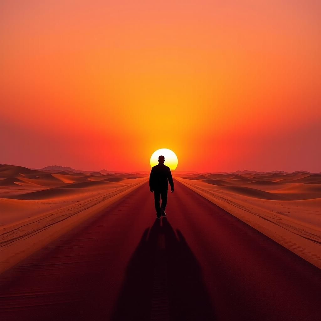 A striking silhouette of a man walking alone on a long, desolate desert road