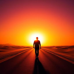 A striking silhouette of a man walking alone on a long, desolate desert road