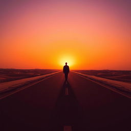 A striking silhouette of a man walking alone on a long, desolate desert road