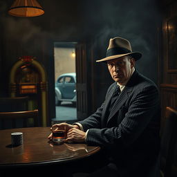 A gritty and atmospheric depiction of a mafia scene set in the 1940s