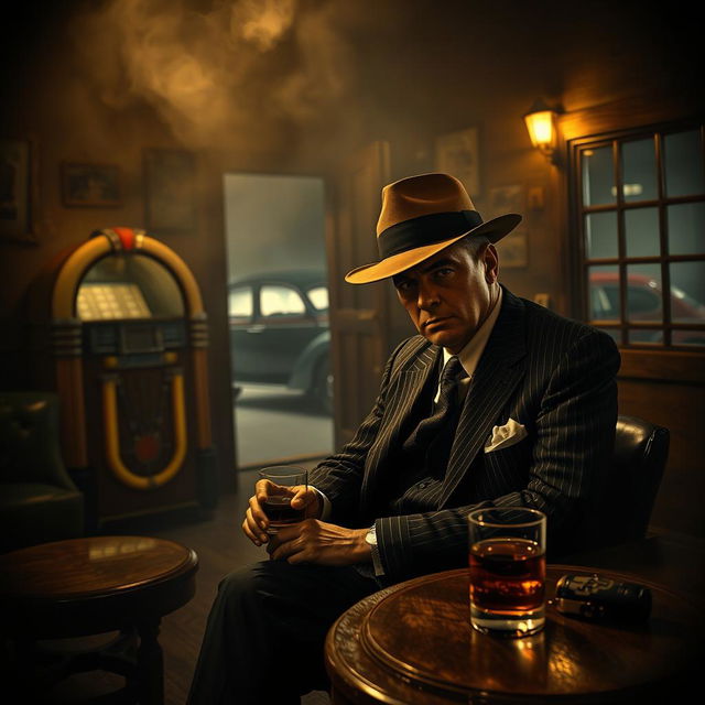 A gritty and atmospheric depiction of a mafia scene set in the 1940s