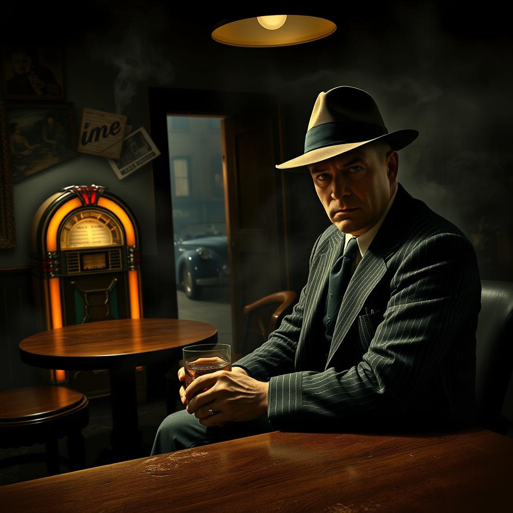 A gritty and atmospheric depiction of a mafia scene set in the 1940s